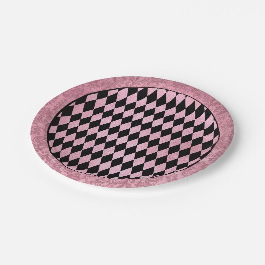 Roze en Zwarte Harlekijn en Damask Papieren Bordje (Gekanteld)