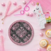 Roze en Zwarte Harlekijn en Damask Papieren Bordje (Feest)