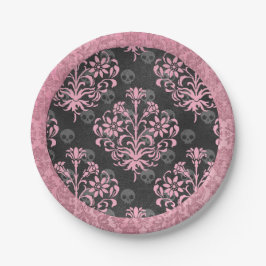 Roze en Zwarte Harlekijn en Damask Papieren Bordje