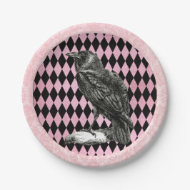 Roze en Zwarte Harlekijn en Raven Papieren Bordje