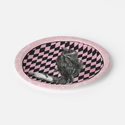 Roze en Zwarte Harlekijn en Raven Papieren Bordje (Gekanteld)