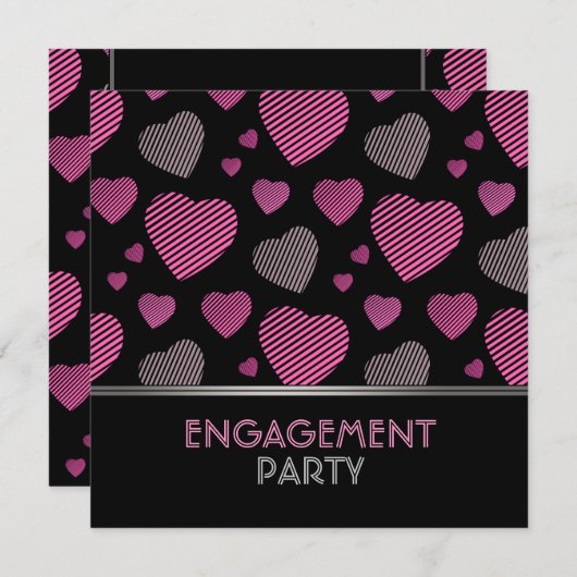 Roze en zwarte harten Uitnodiging van de Engagemen (Voorkant / Achterkant)