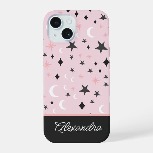Roze en Zwarte Hemel Maanscript Naam iPhone 15 Case (Achterkant)