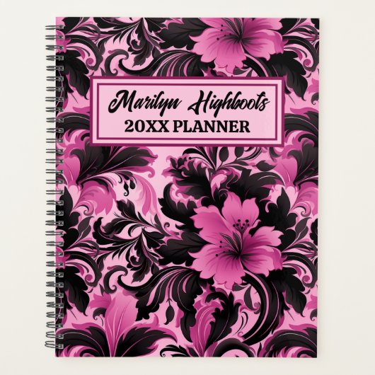 Roze en Zwarte Hibiscus Bloemen Planner (Voorkant)