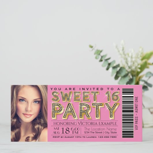 Roze en zwarte Hollywood Glam Sweet 16 Ticket Kaart (Staand voorkant)