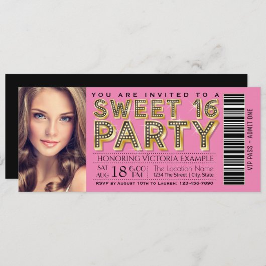 Roze en zwarte Hollywood Glam Sweet 16 Ticket Kaart (Voorkant / Achterkant)