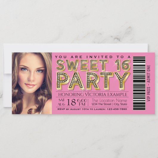 Roze en zwarte Hollywood Glam Sweet 16 Ticket Kaart (Voorkant)