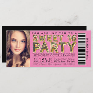 Roze en zwarte Hollywood Glam Sweet 16 Ticket Kaart