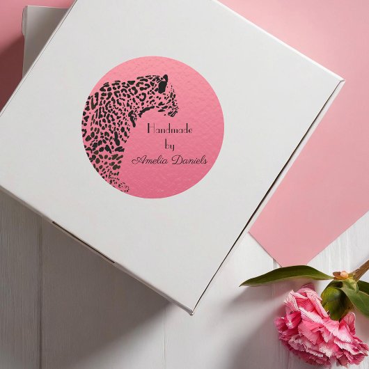 Roze en Zwarte Jaguar Handgemaakt door Ronde Sticker