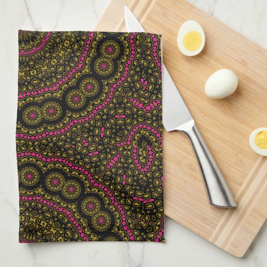 Roze en zwarte Kaleidoscoop Theedoek (Quarter Fold)