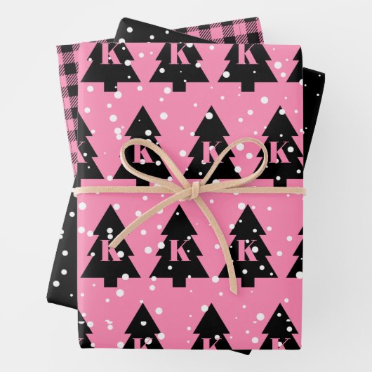 Roze en zwarte kerstboom inpakpapier vel (In situ)