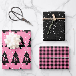 Roze en zwarte kerstboom inpakpapier vel