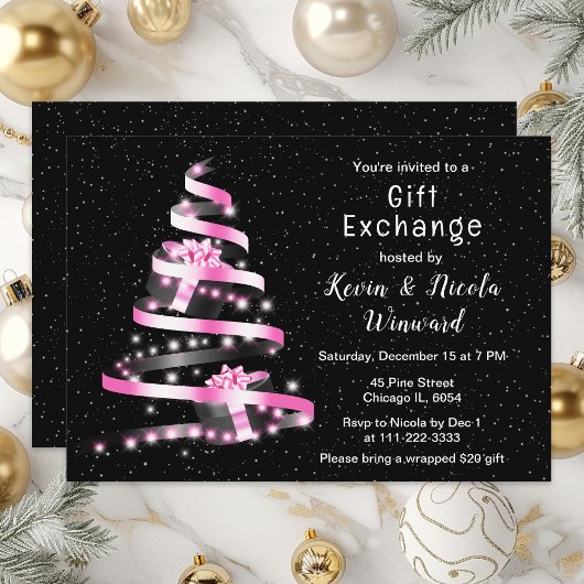 Roze en zwarte kerstcadeauuitwisseling kaart