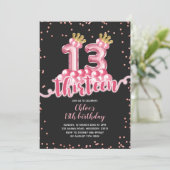 Roze en zwarte Kroonballon Dertien verjaardag Kaart (Staand voorkant)