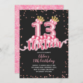 Roze en zwarte Kroonballon Dertien verjaardag Kaart (Voorkant / Achterkant)