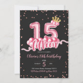 Roze en zwarte Kroonballon Vijftien verjaardag Kaart (Voorkant)