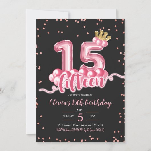Roze en zwarte Kroonballon Vijftien verjaardag Kaart (Voorkant)