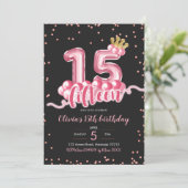 Roze en zwarte Kroonballon Vijftien verjaardag Kaart (Staand voorkant)