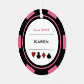 Roze en Zwarte Las Vegas Poker Chip Kerstmis Metalen Ornament (Voorkant links)