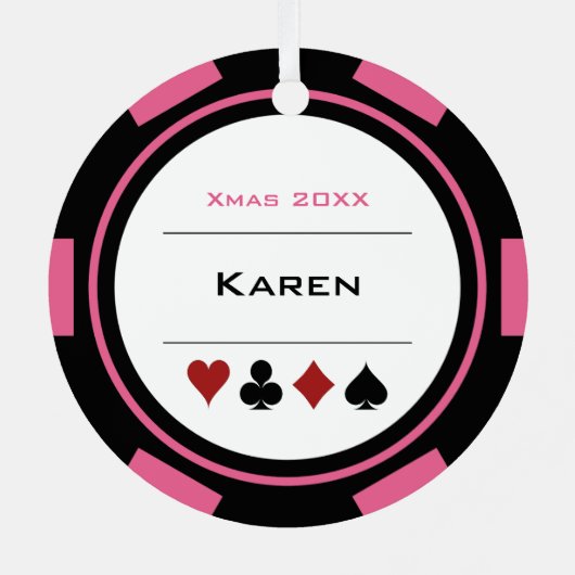 Roze en Zwarte Las Vegas Poker Chip Kerstmis Metalen Ornament (Achterkant)