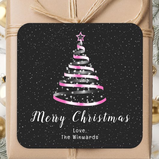 Roze en zwarte lint — Merry kerst Vierkante Sticker