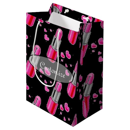 Roze en zwarte lipstick - tas met wieltjes medium cadeauzakje (Voorkant Gekanteld)