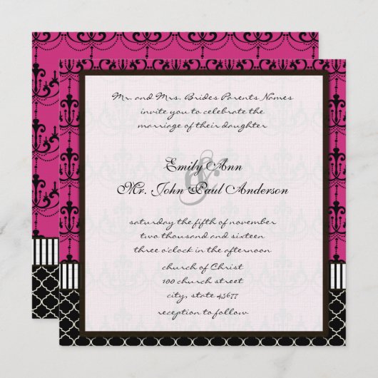 Roze en zwarte luchters uitnodigen voor bruiloft kaart (Voorkant / Achterkant)