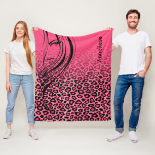 Roze en zwarte luipaard print met meisje silhouet fleece deken
