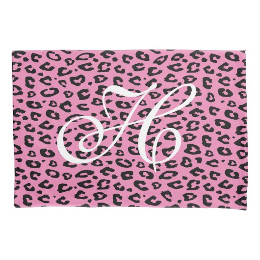 Roze en zwarte luipaardprint monogram kussensloop (Voorkant)