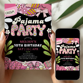 Roze en Zwarte Madeliefjes Pyjama Feest Verjaardag Kaart