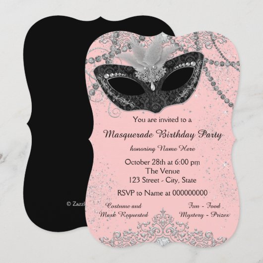 Roze en zwarte maskerade partij kaart (Voorkant / Achterkant)
