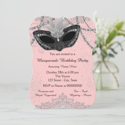 Roze en zwarte maskerade partij kaart (Staand voorkant)