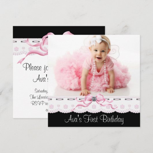 Roze en zwarte meisjes foto verjaardagsfeestje kaart (Voorkant / Achterkant)