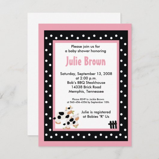 Roze en zwarte-meisjesmoo-Koe Baby Shower-uitnodig Uitnodiging Briefkaart (Voorkant / Achterkant)