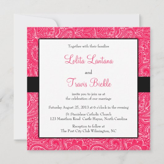 Roze en zwarte mini Paisley Wedding Invitation Kaart (Voorkant)