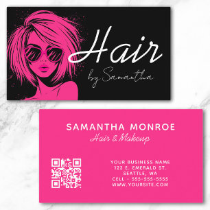 Roze en Zwarte Moderne Glam Haar QR Code Visitekaartje