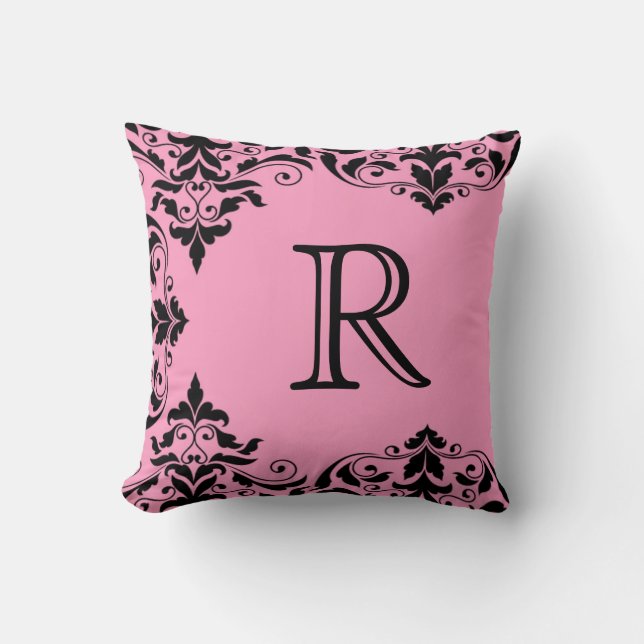 Roze en zwarte monogram Damask Pillow Kussen (Voorkant)