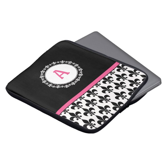 Roze en zwarte monogram Fleur de Lis Pattern Laptop Sleeve (Voorkant top)