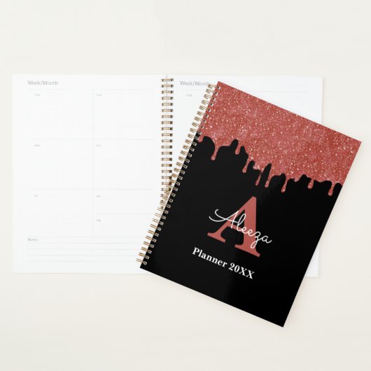 Roze en Zwarte Monogram Glitter Drips Planner (Display)