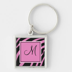 Roze en zwarte monogram Zebra Print Sleutelhanger