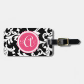 Roze en zwarte monogrammen Damask Print Bagagelabel (Voorkant horizontaal)