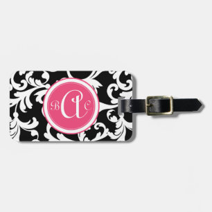 Roze en zwarte monogrammen Damask Print Bagagelabel