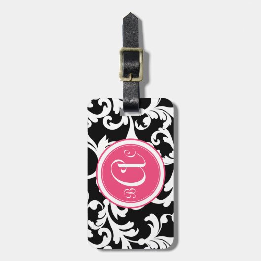 Roze en zwarte monogrammen Damask Print Bagagelabel (Voorkant verticaal)