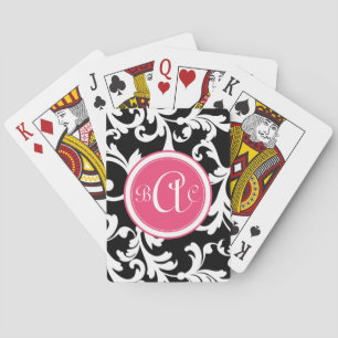 Roze en zwarte monogrammen Damask Print Speelkaarten