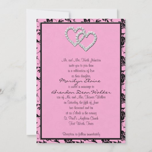 Roze en zwarte monogrammen Uitnodiging met hart (Achterkant)