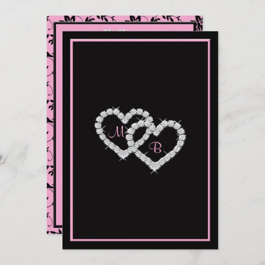 Roze en zwarte monogrammen Uitnodiging met hart (Voorkant / Achterkant)
