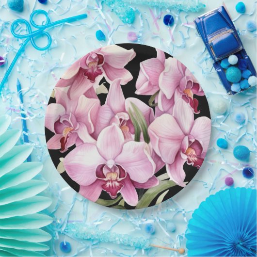 Roze en zwarte orchideeën bruiloft papieren bordje (Feest)