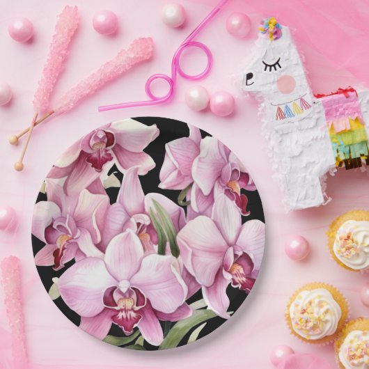 Roze en zwarte orchideeën bruiloft papieren bordje (Feest)