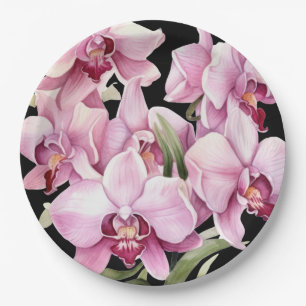 Roze en zwarte orchideeën bruiloft papieren bordje