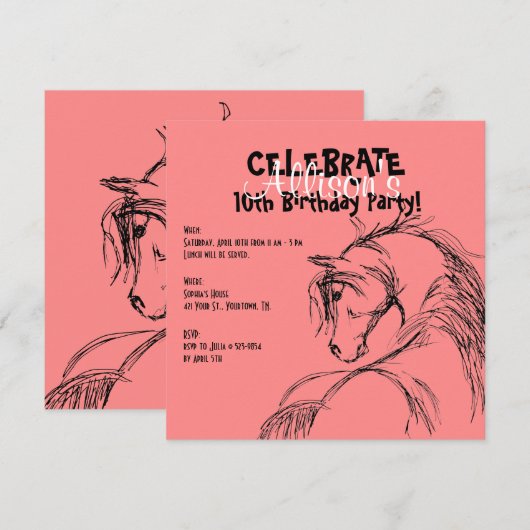 Roze en zwarte paarse schets Birthday Invite Kaart (Voorkant / Achterkant)